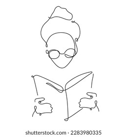 Girl reading a book. Woman in glasses with book. One line style, outline. Vector 