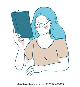 The girl is reading a book. A woman is sitting with a book in her hands. Vector hand drawn illustration.