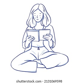 The girl is reading a book. A woman is sitting with a book in her hands. Vector hand sketch drawn illustration.
