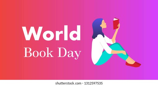 Girl reading book. World Book Day vector illustration. Greeting card, poster, t-shirt print design.