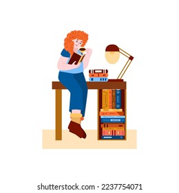 Girl is reading book. Young woman is sitting on the table and drinking coffee. Books, magazines, journals and different literature are under table. Vector illustration in flat style about education