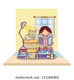 girl reading books with boxes and cat