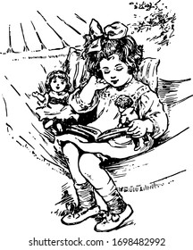 Girl Reading, books, doll, reading,parks, secrets, vintage line drawing or engraving illustration.