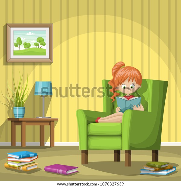 Girl Reading Books Living Room Vector Stock Vector Royalty Free