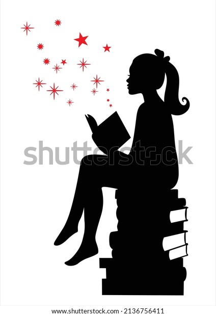 Girl Reading Books Magic Wall Decal Bedroom Vinyl Art Stickers for Schools, Classrooms, Library Wallpaper.