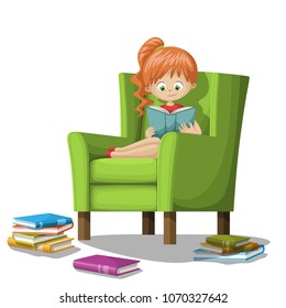 Girl reading books on armchair. Isolated on white background.