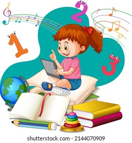 A girl reading books on a stack of books illustration