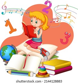 A girl reading books on a stack of books illustration