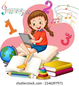 A girl reading books on a stack of books illustration
