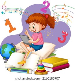 A girl reading books on a stack of books illustration