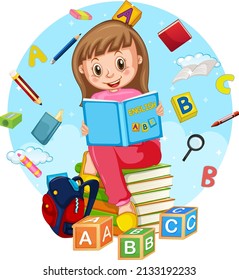 A girl reading books on white background illustration