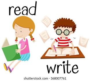 Girl reading and boy writing illustration