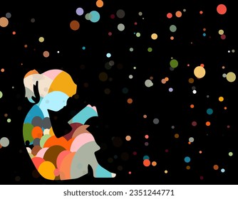 Girl reading in the dark with colourful polka dots