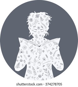 Girl reading. Flowers, book. Vector Illustration
