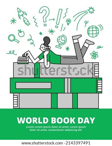 Girl Reading General Knowledge World Book Day Concept Hand Drawn Character Illustration