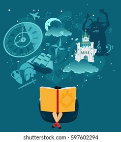 Girl reading a giant book, fantasy romantic images hovering over her head, EPS 8 vector illustration, no transparencies 