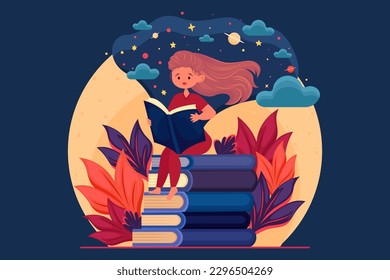 Girl reading an interesting book, sitting on a stack of books, reading, immersive book concept, interesting stories, abstract patterns, leaves, decorative elements 