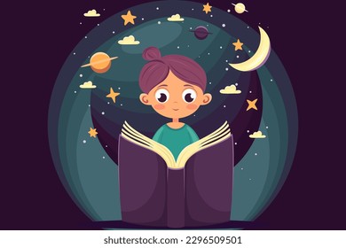 Girl reading an interesting book, sitting on a stack of books, reading, immersive book concept, interesting stories, abstract patterns, leaves, decorative elements 