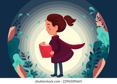 Girl reading an interesting book, sitting on a stack of books, reading, immersive book concept, interesting stories, abstract patterns, leaves, decorative elements 