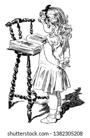 Girl Reading laid upon a chair, book, child, individual, vintage line drawing or engraving illustration.