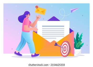 Girl Reading Letter. Email Marketing. Newsletter. Business Strategy. Advertising Media, Target Consumers, Invite People, Notifications, Offers. Landing Page Website Illustration Vector Flat Design.