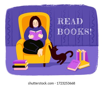 Girl reading literature, sitting in a cozy yellow armchair, surrounded by piles of books. Cat sharpens claws and stretches. Modern hand drawn illustration for bookstore, bookshop, book fair.