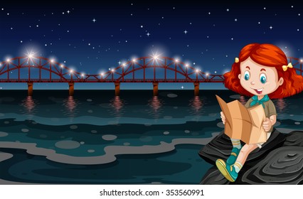 Girl reading map by the ocean illustration
