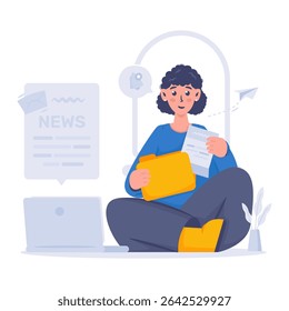 A girl is reading a newsletter update, Open documents in a folder, News email notification, Vector illustration