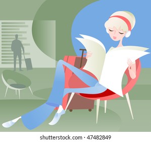 Girl reading a newspaper in the waiting room