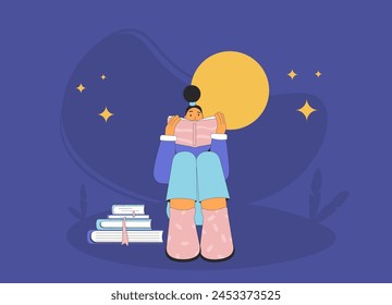 Girl reading at night. Teenager character learning and preparing for the exam. Student learning. Books lover. Vector flat outline illustration