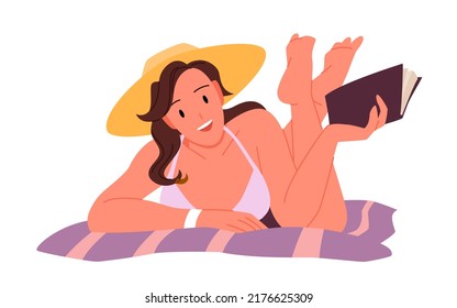 Girl reading on the beach. Summer sea vacation, woman wearing swimsuit and hat, taking sunbath vector illustration