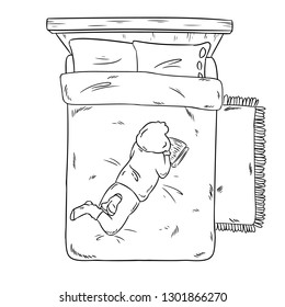 Girl reading on the bed. Comic style image for coloring. Top view.