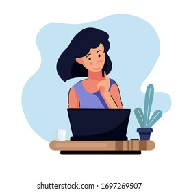 Girl is reading on a laptop,  vector concept flat design illustration