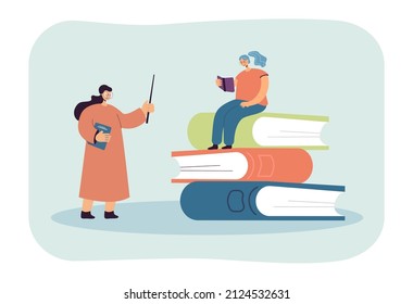 Girl reading on pile of books during class. Female teacher in eyeglasses and with pointer teaching lesson flat vector illustration. Education concept for banner, website design or landing web page