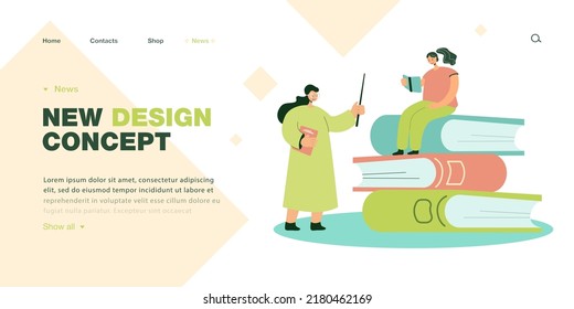 Girl reading on pile of books during class. Female teacher in eyeglasses and with pointer teaching lesson flat vector illustration. Education concept for banner, website design or landing web page
