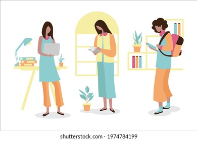 Girl reading a open book in her hands. Concept illustration of learning, distance studying and self education. Young woman student character. vector illustration flat design