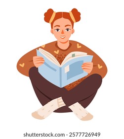 Girl reading an open book. Modern vector illustration of a female student enjoying a book. Education, literature, and storytelling.