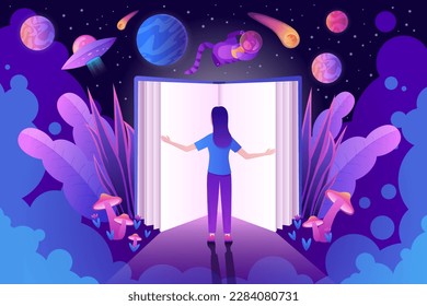 Girl reading open book vector illustration. Cartoon tiny woman standing at door to imagination, fantasy space adventure in universe with planets and stars, cat astronaut and magic flower and mushrooms