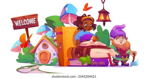 Girl reading open tale book near magical mushroom house and friendly gnome, Welcome sign, glowing lantern and butterflies. Enchanted fairy lush greenery. Children imaginary magical literary journey.