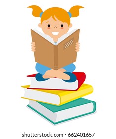 Girl reading over a batch of books