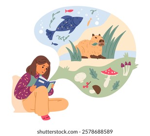 Girl reading paper book about nature and animals flat vector illustration isolated on white.Teen girl reading Science book