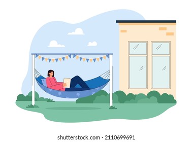 Girl Reading Paper Book In Hammock On Home Backyard Or Garden. Calm Leisure And Relax Of Happy Young Woman Lying In Hammock Outdoors Flat Vector Illustration. Vacation, Weekend, Lifestyle Concept