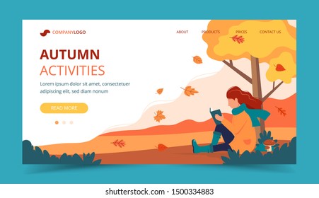 Girl reading in the park in autumn. Landing page template. Cute vector illustration in flat style.