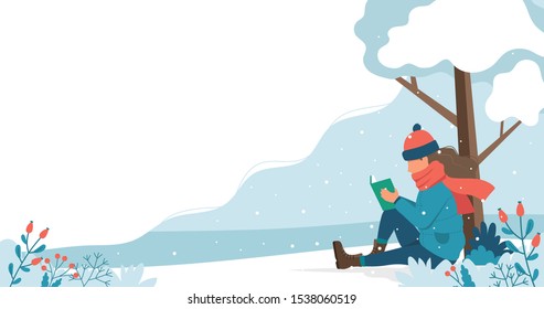 Girl reading in the park in winter. Cute vector illustration in flat style.