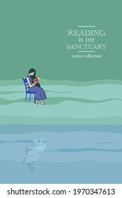 Girl is reading peaceful and relax scenery, reading is my sanctuary vector 