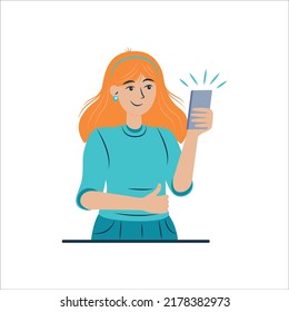 Girl reading positive news on smartphone. Vector isolated woman with cell phone. Notification and surprise, winner and work opportunities. Flat cartoon character