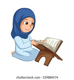 Girl Reading Quran The Holy Koran Book of Islam Cartoon Illustration Vector