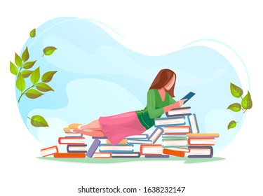 Girl reading, relax on stacks of books in spring background. Love read concept design. Beautiful green summer nature with Flat character. Modern vector card for web design, isolated white background.