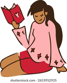 Uma menina lendo romance livro vetor mão desenhada ilustração