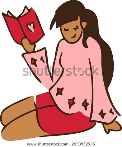 A Girl Reading Romance Book Vector Hand Drawn Illustration